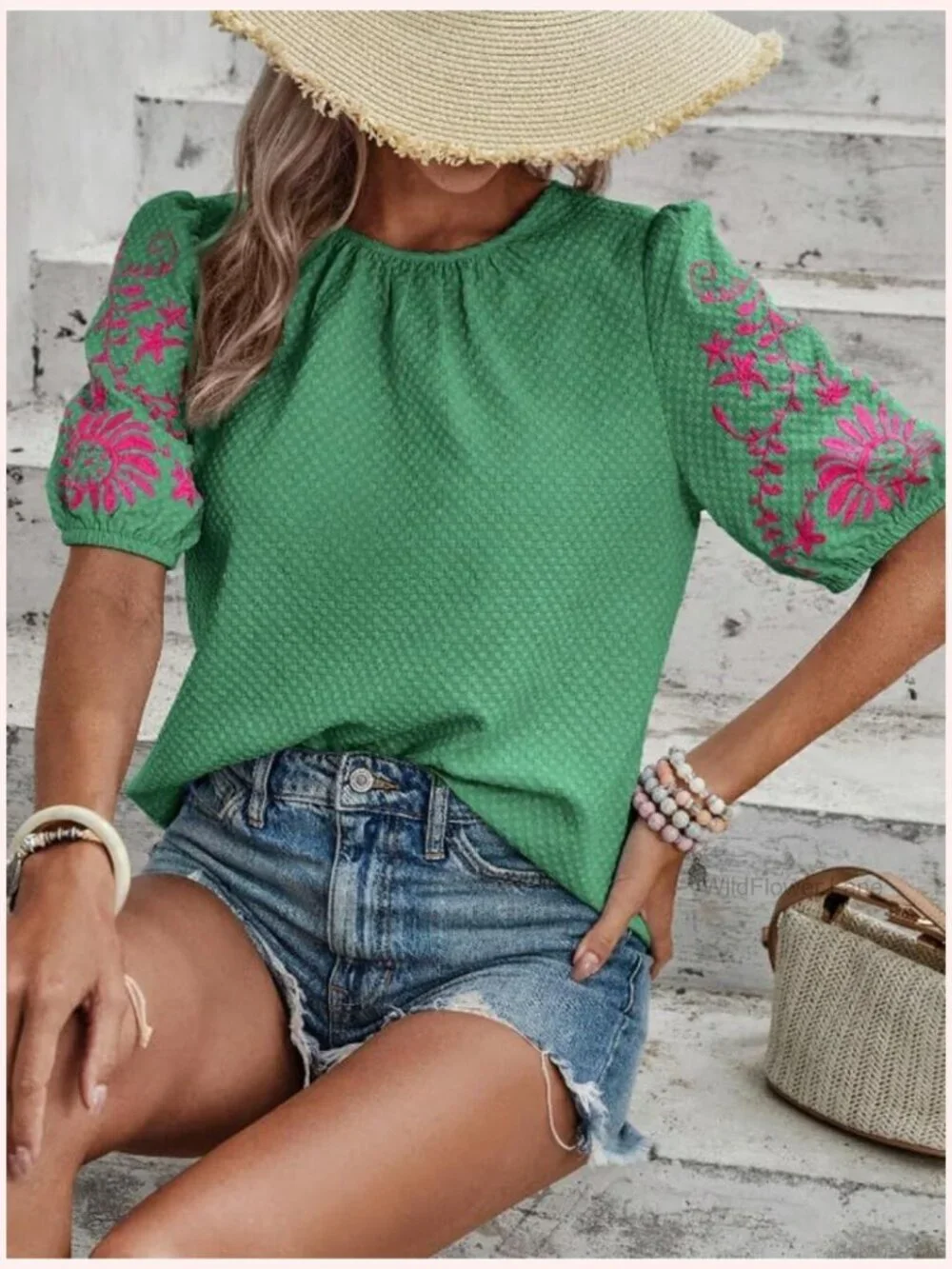 Crewneck Puff Short Sleeve Embroidered Blouse Tunic Top Loose Fit